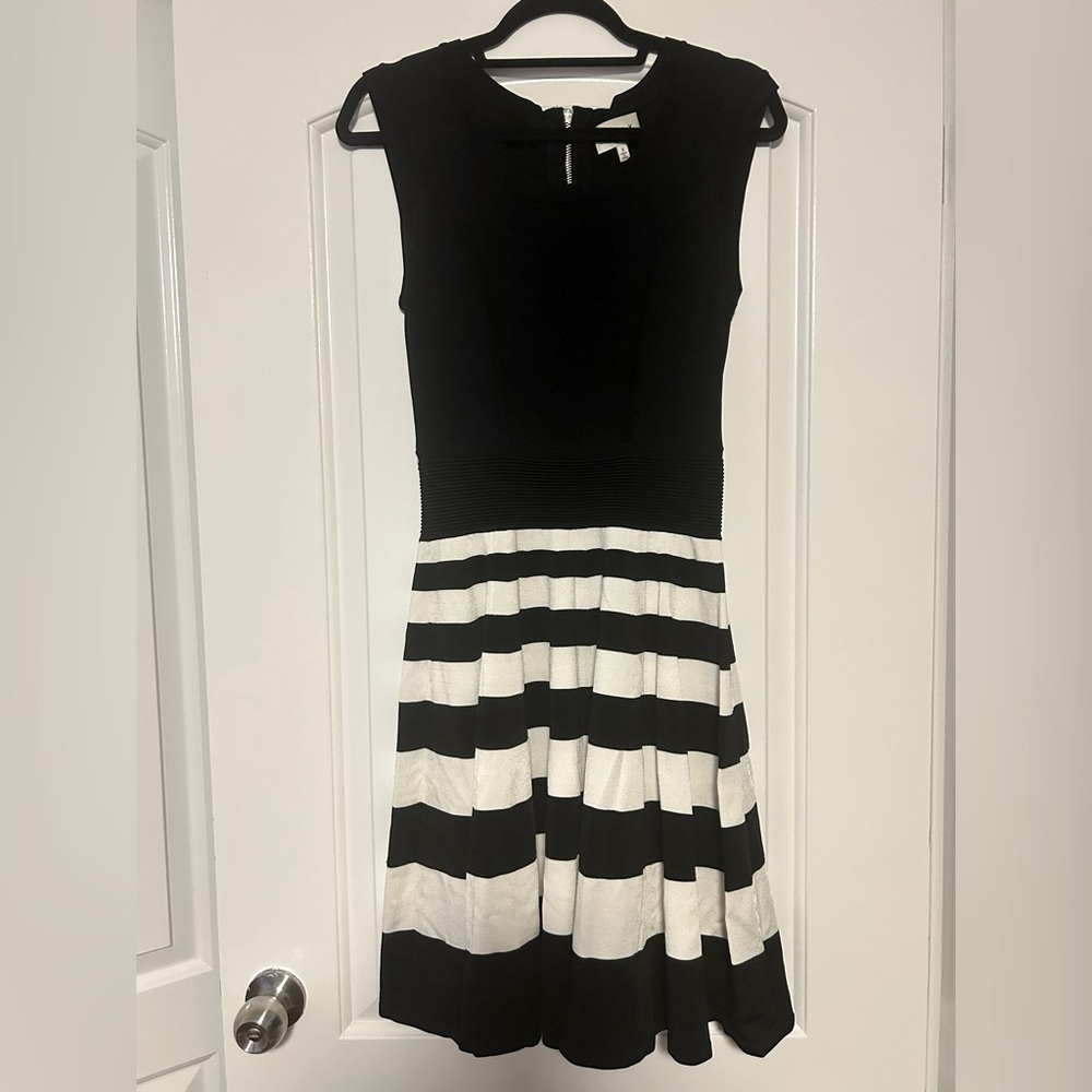 Milly of New York stretch knit dress - fitted top, flared skirt. Black & White.